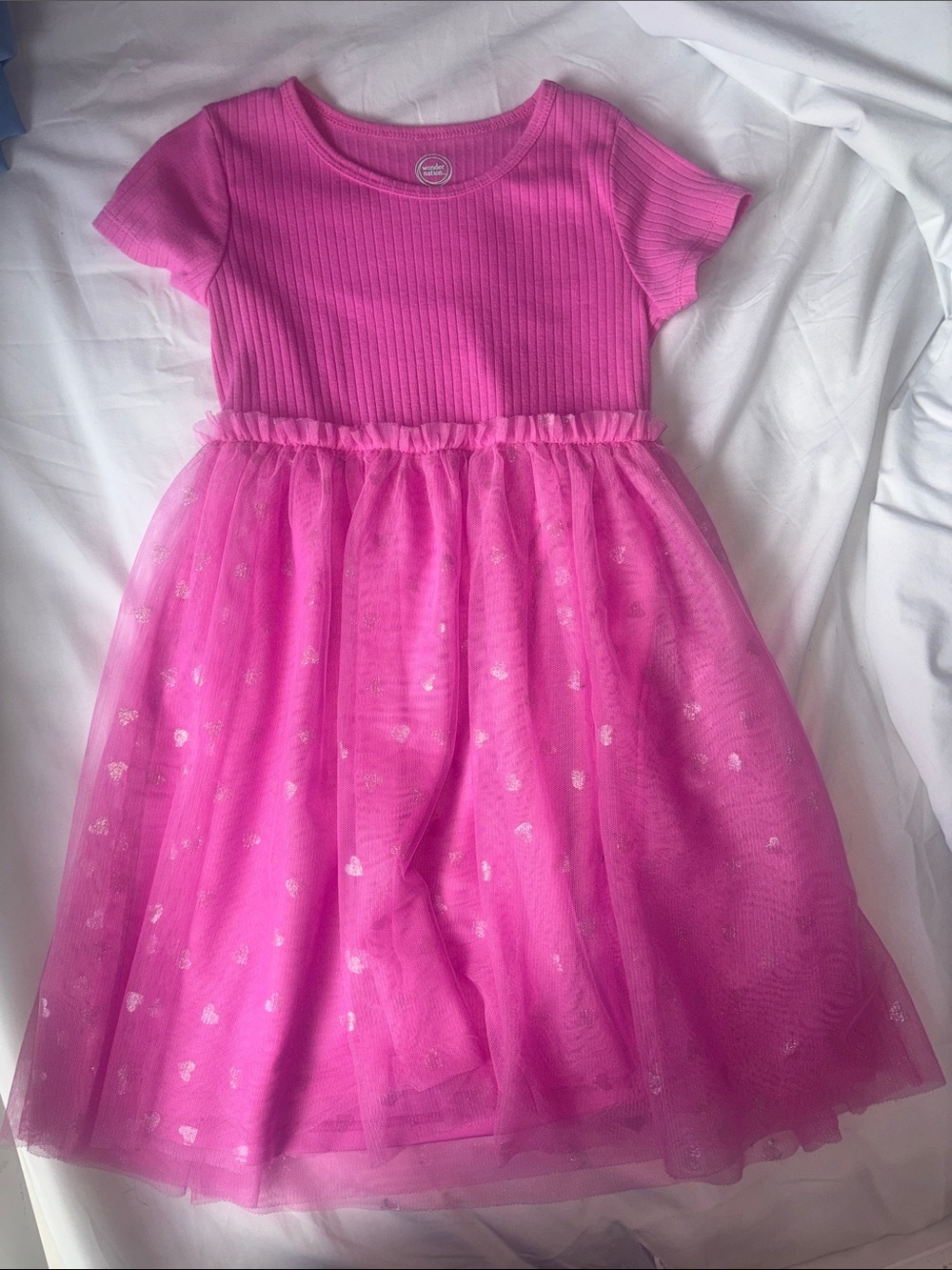 wonder nation Bright Pink Ribbed Tee & Tulle Heart Dress